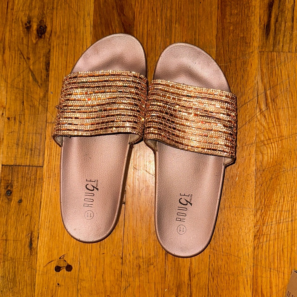 Bedazzled rose gold slippers